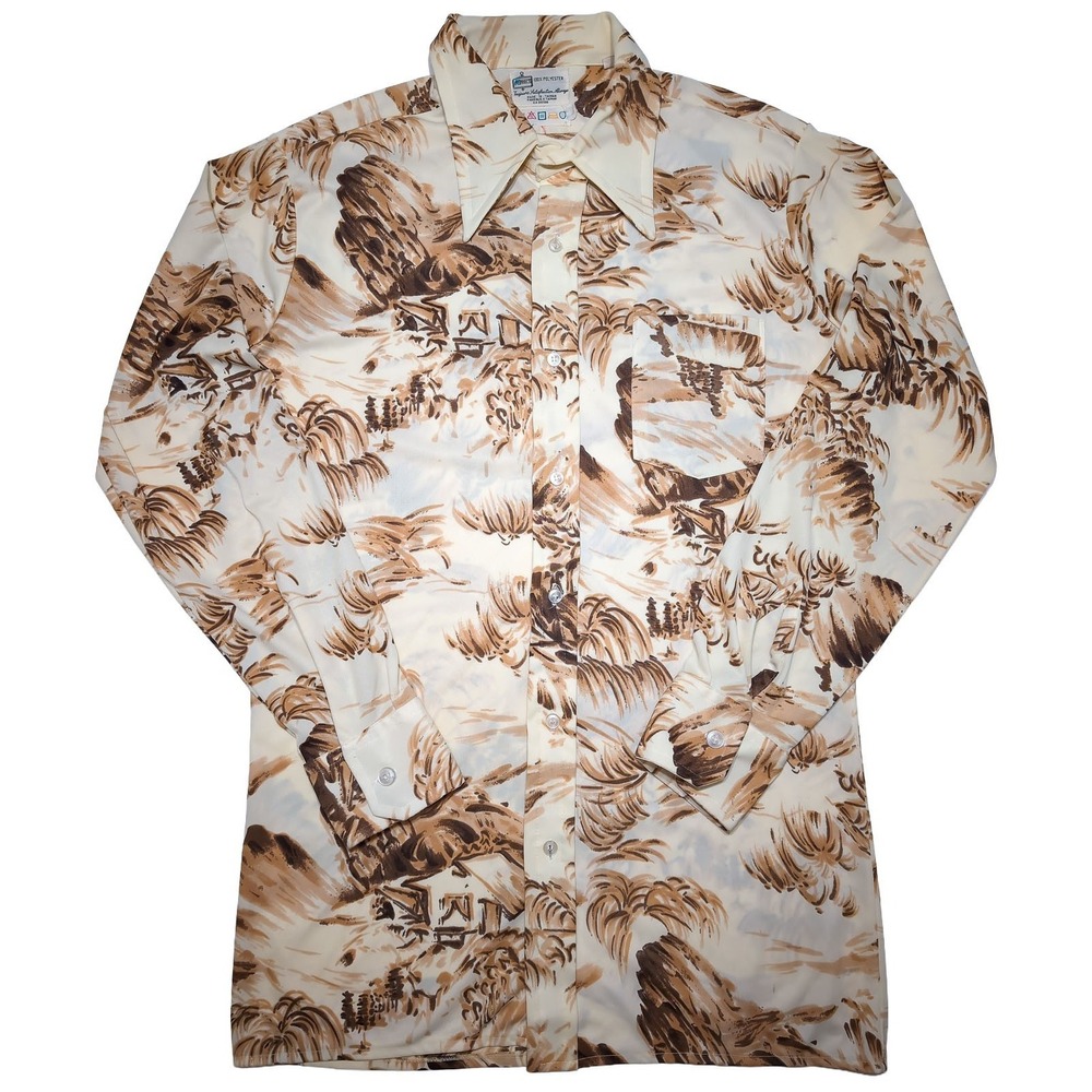 Vintage K-MART 1970s Disco Polyester Long Sleeve Shirt Landscape Beige Large L